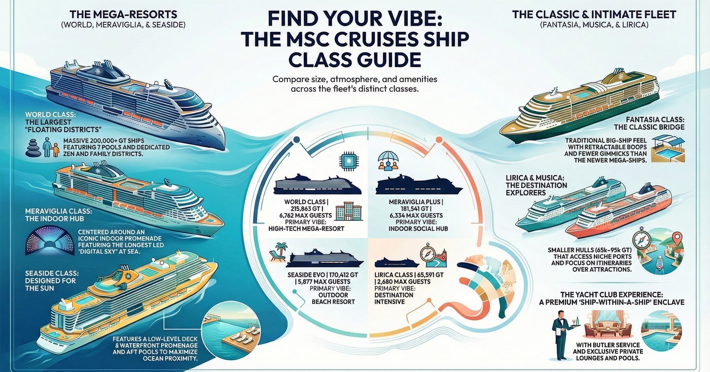MSC Cruises ship class guide comparing mega-resort and classic fleets by size and amenities